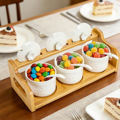 10 Pack Sauce Serving Dish with Spoons and Lids, 5 Oz | Ceramic Chip Dip Sauce Bowls with Bamboo Tray, 3 Condiment Seasoning Jars Salt Sugar Container for Snacks, Appetizers