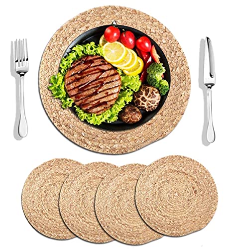 4 Pieces Round Woven Placemats, 13.8 inch Plate Chargers Natural Wicker Placemats Water Hyacinth Straw Braided Tablemats Rattan Tablemats Rustic Weave Placemats for Table Decoration - size: Woven Placemats 13.8 inch-4