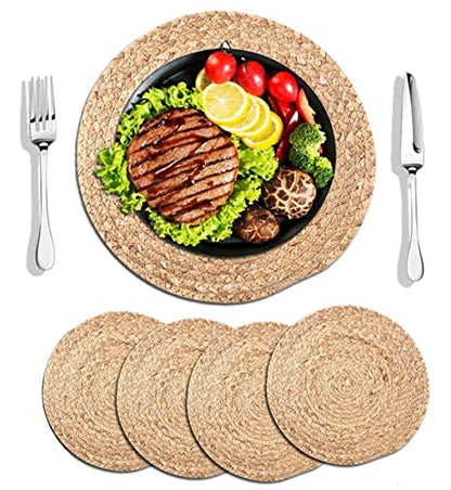 4 Pieces Round Woven Placemats, 13.8 inch Plate Chargers Natural Wicker Placemats Water Hyacinth Straw Braided Tablemats Rattan Tablemats Rustic Weave Placemats for Table Decoration - size: Woven Placemats 13.8 inch-4