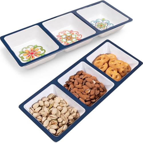 3-Section Divided Serving Trays, Talavera 14.75”x 6” Unbreakable Melamine Serving Platter for Serving Food, 3 Compartment Condiment Tray, Rectangular Condiment Server Set of 2 - color: Talavera 3 Section Tray