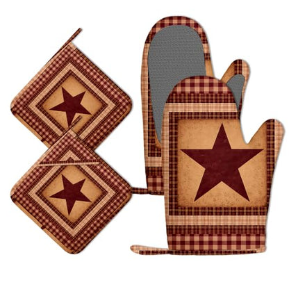 Red Plaid Western Star Oven Mitts and Pot Holders Sets Silicone Kitchen Mitts Potholders Heat Resistant 4Pcs Oven Gloves Hot Pads for Kitchen Baking Cooking - color: Red Plaid Western Star