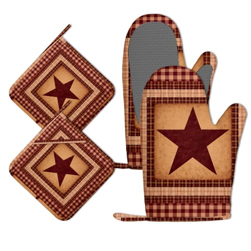 Red Plaid Western Star Oven Mitts and Pot Holders Sets Silicone Kitchen Mitts Potholders Heat Resistant 4Pcs Oven Gloves Hot Pads for Kitchen Baking Cooking - color: Red Plaid Western Star
