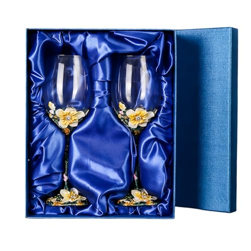 Comeon Flower Wine Glasses Hand Painted Wine Glasses Lemon Yellow 2 Set | Apricot Blossom Enamels Floral Design, Included Gift Box, Transparent Glass, Long Stem Crystal Red Wine Glasses - color: White/ 2 set (gift box)