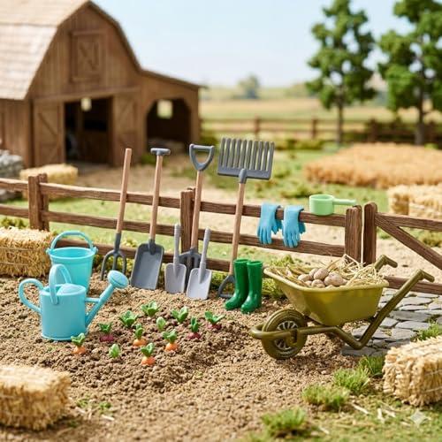 1:12 Scale Miniature Dollhouse Garden Tools Set | Mini Plastic Gardening Kit, Shovel, Rake, Hoe & Watering Can, Fairy Garden, Micro Landscape & DIY Craft Decoration