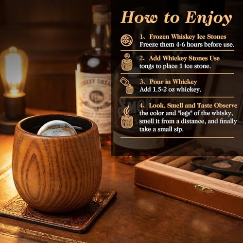 Charred Wooden Bourbon Drinking Glass Set with Whiskey Ice Stones & Tongs, 2 Pack 10oz Oak Wooden Bourbon Glass, Artisan Oak Whiskey Cups for Bourbon Lovers, Unique Whiskey Gift for Dad, Men, Husband