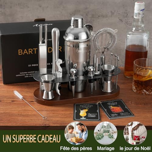 23-Piece Cocktail Shaker Set with Stand, 304 SS, Bartender Kit Gift | Complete Home Bar Set: Leak-proof Shaker, Jigger, Muddler, 18/8 Steel, Gift for beginners, cocktail lovers & house parties - color: chocolate-y