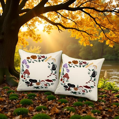 Embroidered Throw Pillow Covers 18x18 Set of 2 Mushroom | Durable Fabric,Square Pillow Cover,Boho Decorative,Hidden Zipper,Aesthetic Design,Ideal Gift,Machine Washable - color: Mushrooms