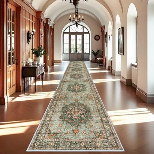 Washable Oriental Hallway Runner Rug: 3x20 Rug for Living Room Soft Carpet | Waterproof Floral Low Pile Rug Distressed Indoor Stain Resistant Non-Shedding Floor Carpets for Entryway Kitchen(Green, 3X20) - color: Green, size: 3' x 20' (Rectangular)