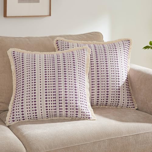 Embroidered Throw Pillow Cover Set of 2, Spring Summer Boho Farmhouse Decorative Pillow Case with Tassels, Textured Cushion Cases for Sofa Living Room Home Decor (Purple, 18" x 18") - color: Purple, size: 18" x 18" (Pack of 2)