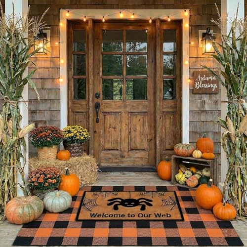 2 Pcs Halloween Coir Doormat for Porch 3' x 5' with Orange & Black Buffalo Plaid Rug, Layered Non Slip Welcome Mats for Halloween Front Door Porch & Entryway Indoor Outdoor Decor - color: Welcome to Our Web Orange & Black Plaid, size: 3' x 5' (Rectangular