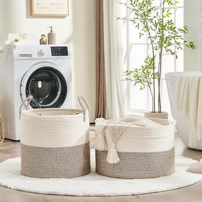 KAKAMAY Large Blanket Basket (20"x13"),Woven Baskets for storage Baby Laundry Hamper, Cotton Rope Blanket Basket for Living Room, Laundry, Nursery, Pillows, Baby Toy chest (White/Beige) | Extra Large Capacity | Natural Cotton Rope | Blanket Storage | Wove