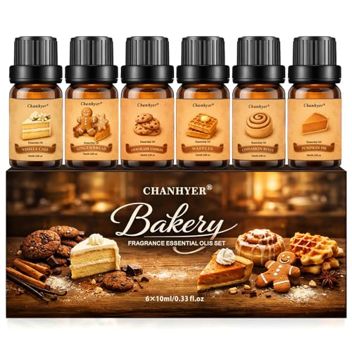 Bakery Essential Oils Set for Diffusers for Home 6 x 10 ml | Chocolate Cookies,Vanilla Cake,Cinnamon Rolls,Pumpkin Pie,Gingerbread Scented Oil for Diffuser,Candle,Soap Making - color: Yellow