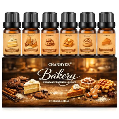 Bakery Essential Oils Set for Diffusers for Home 6 x 10 ml | Chocolate Cookies,Vanilla Cake,Cinnamon Rolls,Pumpkin Pie,Gingerbread Scented Oil for Diffuser,Candle,Soap Making - color: Yellow