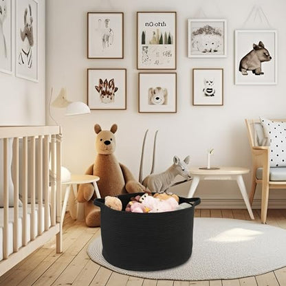 XUANGUO Extra Large Cotton Rope Round Storage Basket 22" x 14" Black | Woven basket for blankets, toys, towels, laundry, nursery, living room and pet toy storage. - color: black