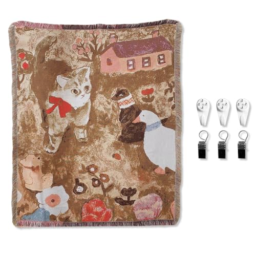 LumiSyne Woven Tapestry Throw Blanket With Hangers And Clips Cute Pet Pattern Cotton Throw With Tassel Decorative Throws For Sofa Bed Armchair Multi-Function Picnic Blanket Tablecloth Carpet 160x130cm - color: Brown Cat