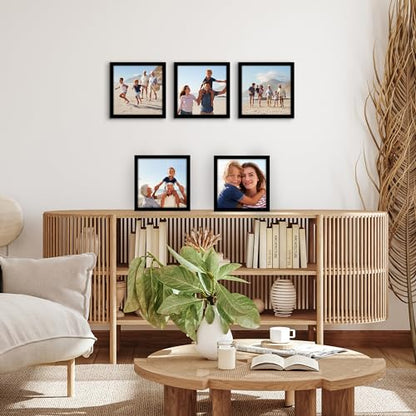 Americanflat 10x10 Picture Frame 5-Pack - Slim Molding - Black | Polished plexiglass front, wall or tabletop display with included easel, triangle hangers included, secure turn-tab backing - color: Black, size: 10x10