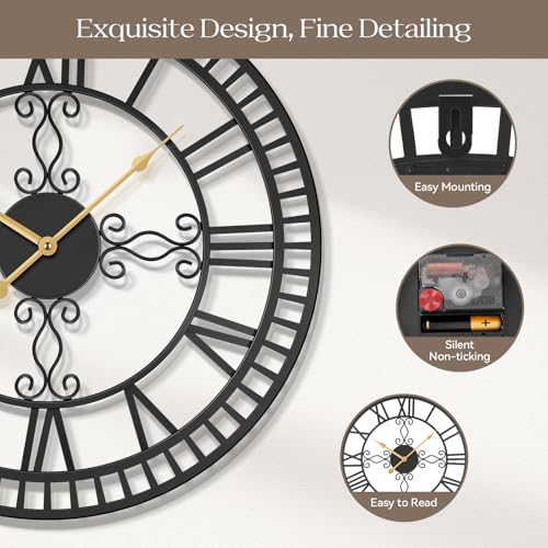 20" Large Wall Clock, Big Clock for Living Room Decorative, Black Large Wall Clocks Battery Operated with Metal Roman Numeral, Completely Silent, Non-Ticking for Bedroom, Kitchen,Fireplace - size: 20 inch