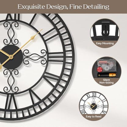20" Large Wall Clock, Big Clock for Living Room Decorative, Black Large Wall Clocks Battery Operated with Metal Roman Numeral, Completely Silent, Non-Ticking for Bedroom, Kitchen,Fireplace - size: 20 inch