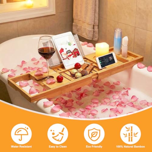Premium Bamboo Bathtub Tray Caddy, Bath Tub Trays Table for Bathtub, Expandable Bath Caddy Tray, Bathtub & Bathroom Accessories for New Home, Anniversary and Wedding Gifts for Couple