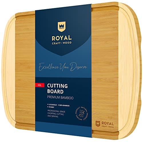 ROYAL CRAFT WOOD Bamboo Cutting Board with Juice Groove - Kitchen Chopping Board for Meat Cheese and Vegetables, Heavy Duty Serving Tray - color: Two-Tone Bamboo, size: 20"L x 14"W
