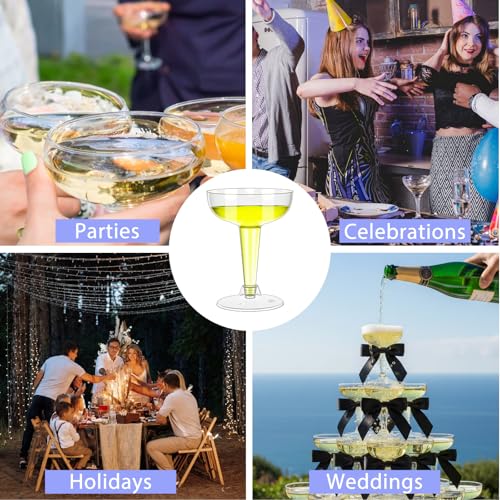 50 Sets Champagne Coupe Cocktail Glasses, 4oz Small Acrylic Martini Glasses with Satin Ribbon Black Bow, Plastic Margarita Martini Cups, Reusable Champagne Cups for Party, Home, Bar, Wedding