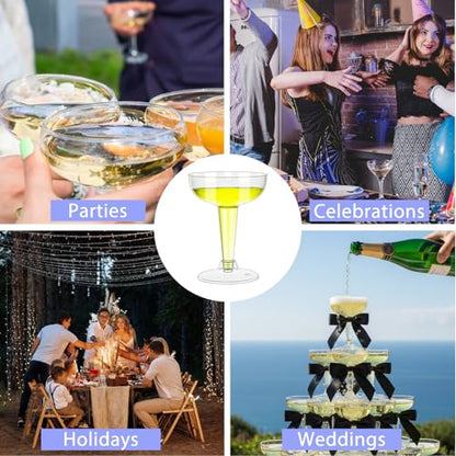 50 Sets Champagne Coupe Cocktail Glasses, 4oz Small Acrylic Martini Glasses with Satin Ribbon Black Bow, Plastic Margarita Martini Cups, Reusable Champagne Cups for Party, Home, Bar, Wedding