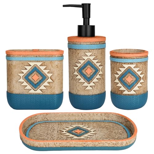 Bathroom Accessory Sets 4PCs Complete Tribal Home Decor Southwest Pattern Shape Includes Lotion Dispenser Toothbrush Holder Tumbler Cup & Vanity Tray - color: Multicolor, size: Tray