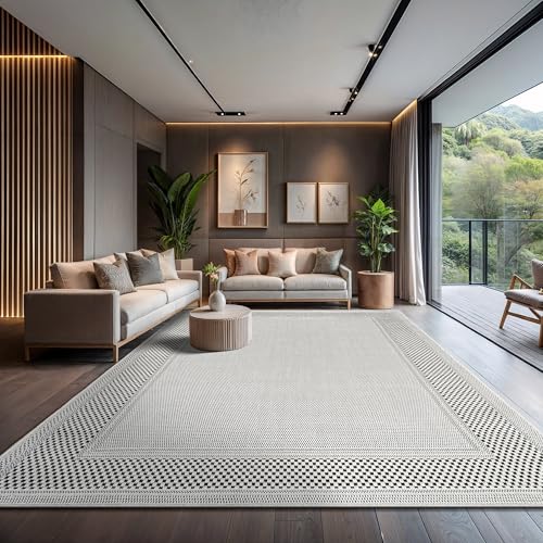 Easy Jute Rug 10x14, Indoor Outdoor Off-White Color Fiber Area Rugs for Living Room Patio and Dining Room Rug, Bordered Boho Woven Design, Easy-Cleaning, Washable Outside Carpet (10 x 14) - color: Bordered/Bone-black, size: 10' x 14' (Rectangular)