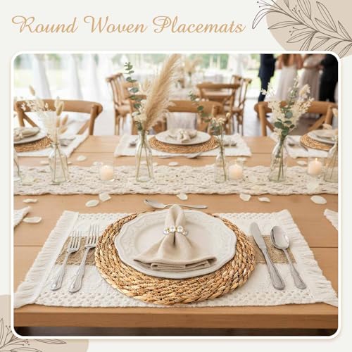 6 Sets Boho Placemats, Including 12 Inch Round Woven Rattan Placemats, Rectangle Burlap Boho Table Mats, Pearl Napkin Rings, Handmade Farmhouse Table Chargers for Home Wedding Party Decoration
