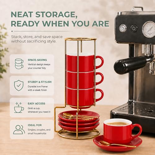 3 Ounce Espresso Cups Set of 4, Red | Stackable Demitasse Mugs, Includes Display Stand, Cups Saucers, and Spoons, for Machines & Home Use - color: Red