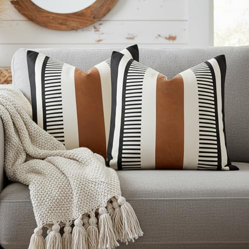 Pack of 2 Faux Leather and Cotton Patchwork Throw Pillow Covers for Sofa Couch Farmhouse Decorative Square Cushion Cover Boho Stripe Accent Pillow Case 20 x 20 Inch, Black - color: Black, size: 20" x 20" (Pack of 2)