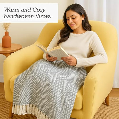 RAJRANG Grey Woven Country Rustic Throw Blanket 100% Cotton Luxury Quality Sofa Couch Bed Throws Perfect for Indoor Outdoor 50x60 Inches Wild Dove - color: Wild Dove Grey