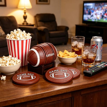 Football Coasters - 6 Full-Size Gridiron Rustic American Football Coasters | Non-Slip for Log Cabin, Man Cave, Bar & Farmhouse Decor | Protect Furniture - style: Football