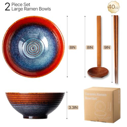 8 Inch Ceramic Ramen Bowl Set of 2, 40oz Japanese Bowls with Spoons & Chopsticks,Durable,Microwave & Dishwasher Safe,Perfect for Ramen,Pho,Salad,Soup,Noodles，Mixing bowls (Aurora Galaxy) - color: Aurora Galaxy