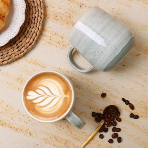 Coffee Mugs Set of 4, 12oz Stoneware Coffee Cups with Handle, Light Green | Hand-Painted Ceramic Mugs Set for Women and Men, Dishwasher & Microwave Safe, Suitable for Hot Coffee, Tea, Cocoa, Milk - color: Light Green