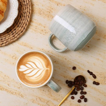 Coffee Mugs Set of 4, 12oz Stoneware Coffee Cups with Handle, Light Green | Hand-Painted Ceramic Mugs Set for Women and Men, Dishwasher & Microwave Safe, Suitable for Hot Coffee, Tea, Cocoa, Milk - color: Light Green