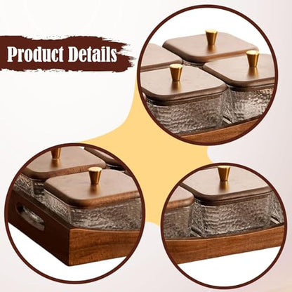 Divided Serving Tray with Lid, Made of Glass and Wood, Snack Bowl with Compartments for Fruit, Nuts, and Sweets. and Practical for Kitchen, of, 6 Compartments - size: 6 Compartments