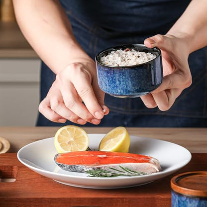Ceramic Salt and Pepper Bowls: 9 oz Stackable Spice Cellars with Wooden Lids - Stacked Seasoning Storage Containers for Countertop Stovetop - Blue