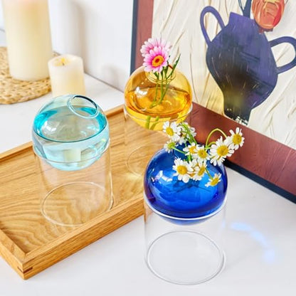 3-Pack Plant Propagation Station, Geometric Glass Vase Set | Mini Flower Vases & Planter Terrariums for Tables - color: Blue + Aqua + Amber