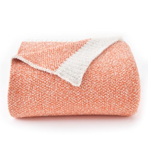 Chunky Knit Boucle Throw Blanket, Soft Washable Coastal Blanket for Bed Couch, Lightweight Cozy Oversized Feather Knit Blanket Indoor Outdoor for Sofa (Orange, Throw 50"x60") - color: Orange, size: Throw 50"x60"