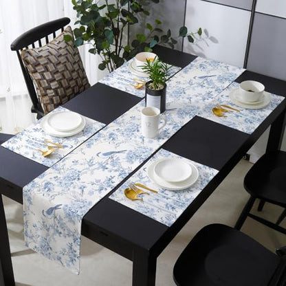 Table Runner and Placemats Set of 4 Blue Flower Decorative Dining Table Runner with Matching Placemats Tree Branch Birds Table Decor for Kitchen Dining Room and Everyday Use 13x70in - size: 13"x70"+4pcs