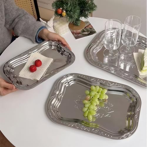 Metal Food Tray Stainless Steel Floral Engraved Party Platters for Displaying Fruits Dessert and Cupcakes Wedding Decors Metal Engraved Serving Tray