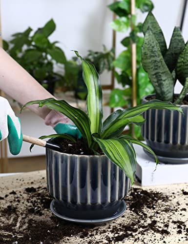 Plant Pots 6 inch Ceramic Pots for Indoor Plants Set of 2 Flower Pots Unique Crackle Glaze Design Plant Pots with Drainage Hole and Saucer Come with Drainage Nets (Grey) - color: Gray