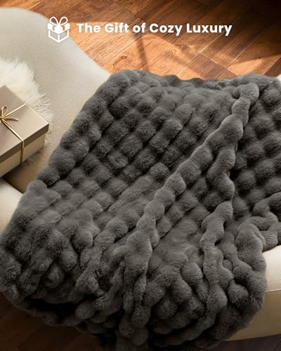 Ultra Soft Cozy Faux Fur Throw Blanket, Fuzzy Plush Thick Bubble Blanket, Oversize Luxury Fluffy Blanket for Couch, Bed, and Living Room, 60x80 Inches, Dark Grey Taupe - color: Bubble Dark Grey, size: Twin