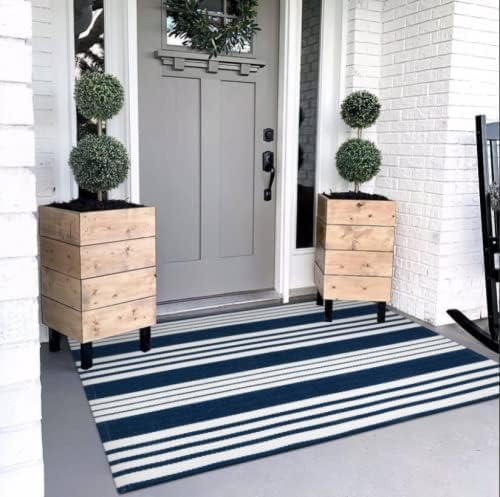 Blue & White Outdoor Rug 3'x5' Front Porch Rug Outdoor Mat Patio Decor | Cotton Woven Striped Patio Rug Machine Washable Indoor Outdoor Rugs Entry Layered Door Mats for Entryway/Front Door Entrance - color: Blue/White Stripe, size: 3' x 5' (Rectangular)