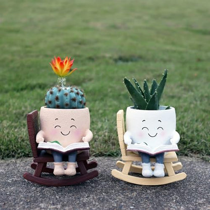Dolkgy Cute Plant Pots Head Planters, Funny Rocking Chair Reading Book Planter Cactus Face Pot with Drainage Hole for Indoor Outdoor Plants, Unique Plant Lover Gifts - color: Khaki