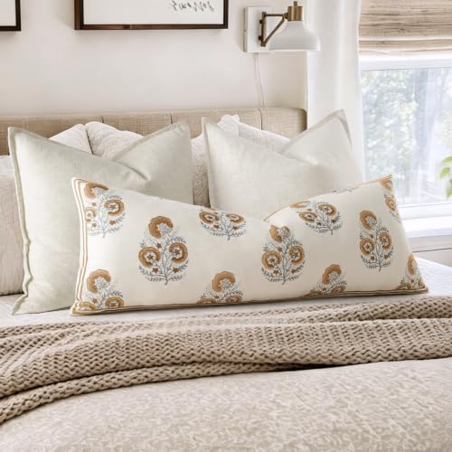 YCOLL Vintage Floral 14x36 Lumbar Pillow Cover for Bed Pack of 1, Double-Sided Botanical Print Decorative Long Pillowcase Farmhouse Cushion Cover for Sofa Couch Living Room, Cognac Brown (Cover Only) - color: Cognac Brown, size: 36" x 14" (Pack of 1)