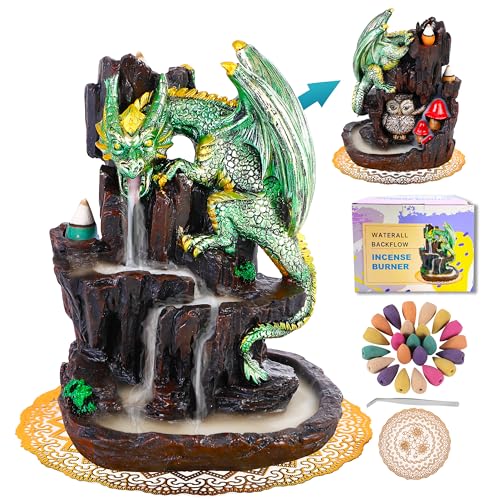 Dragon Backflow 2 Sided Mountain Waterfall Incense Burner,Fountain Smoke Incense Holder with Backflow Incense Cones, Tweezers, Mat，Resin Aromatherapy Meditation (Green) - color: Green