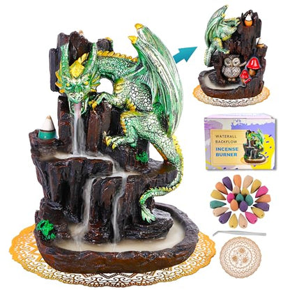 Dragon Backflow 2 Sided Mountain Waterfall Incense Burner,Fountain Smoke Incense Holder with Backflow Incense Cones, Tweezers, Mat，Resin Aromatherapy Meditation (Green) - color: Green
