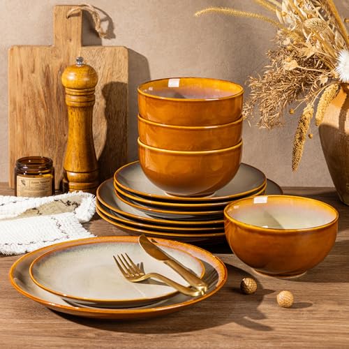 LERATIO Ceramic Dinnerware Sets for 4,12Pcs Stoneware Plates and Bowls Set | Handmade Reactive Glaze Ceramic Dishes Set,Oven & Microwave,Dishwasher Safe,Scratch Resistant-Khaki - color: Dreamy Moonlight-Kahki, size: Service for 4-12pcs